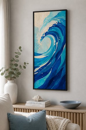 Dinamik Soyut Okyanus Dalgası Ahşap Tablo | UV Baskı | Siyah Çerçeveli | 25x60 cm Dikey | Modern Den