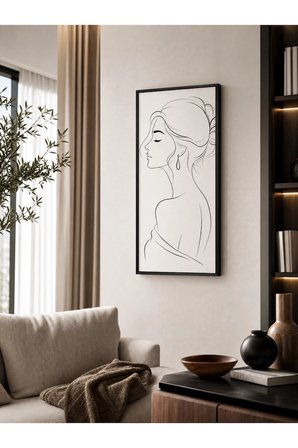 Minimalist Kadın Silüeti Siyah Çerçeveli Ahşap Tablo 25x60 cm UV Baskı Modern Dekoratif Sanat