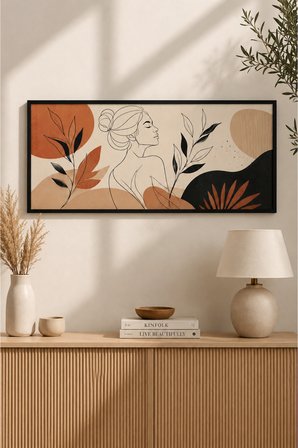 Modern Boho Line Art Soyut Kadın Figürlü Ahşap Tablo | 25x60 cm Siyah Çerçeveli UV Baskı Duvar Dekor