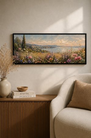 Vintage Floral Manzara Ahşap Tablo | 25x60 cm Siyah Çerçeveli UV Baskı Empresyonist Sanat Eseri