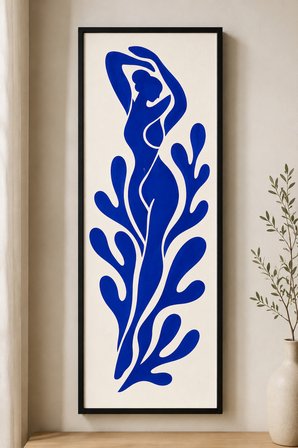 Matisse Stil Soyut Figür Ahşap Tablo - Modern Minimalist Dikey Siyah Çerçeveli 25x60 cm
