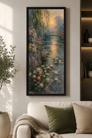 Monet Tarzı Nilüferler Çiçekli Peyzaj Tablosu - Siyah Ahşap Çerçeveli Vintage Sanat Duvar Dekoru 25x