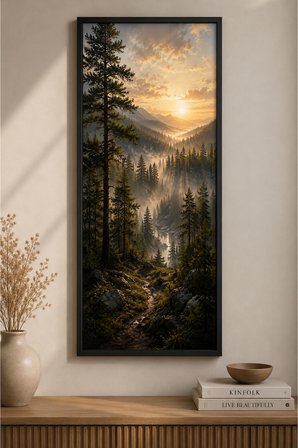 Sisli Çam Ormanı Gün Doğumu Manzara Tablosu 25x60 cm Dikey Siyah Ahşap Çerçeveli Modern Duvar Dekoru
