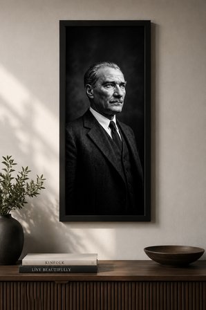Atatürk Tablosu 25x60 cm Siyah Çerçeveli | Atatürk Köşesi Dekoratif Duvar Tablosu | Mustafa Kemal At