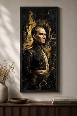 Atatürk Tablosu 25x60 cm Siyah Çerçeveli | Gold Premium Atatürk Köşesi Tablosu | Mustafa Kemal Atatü