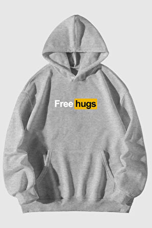 Free Hugs Baskılı Unisex Siyah Kanguru Cepli Kapüşonlu Sweatshirt Hoodie | L