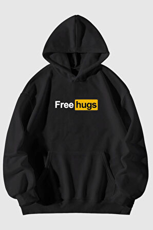 Free Hugs Baskılı Unisex Siyah Kanguru Cepli Kapüşonlu Sweatshirt Hoodie | L