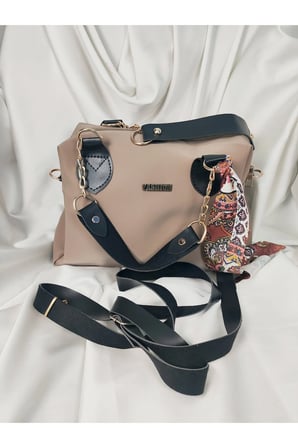Bej Krem Fashion Yazılı Paisley Fularlı Geniş Hacim Omuz Çantası