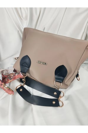 Bej Krem Fashion Yazılı Paisley Fularlı Geniş Hacim Omuz Çantası