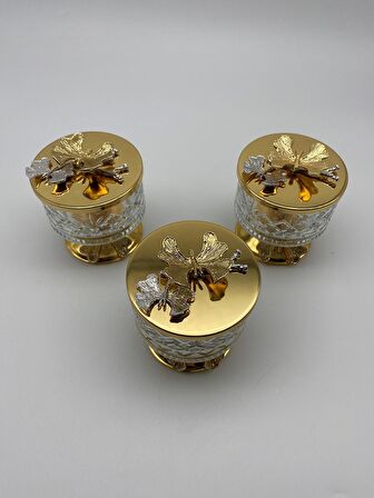3'lü Ayaklı Gold Timeless Cam Magnolia Kasesi, Kelebek Kapaklı Dondurmalık, Şekerlik, Çerezlik