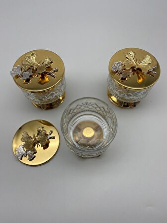 3'lü Ayaklı Gold Timeless Cam Magnolia Kasesi, Kelebek Kapaklı Dondurmalık, Şekerlik, Çerezlik