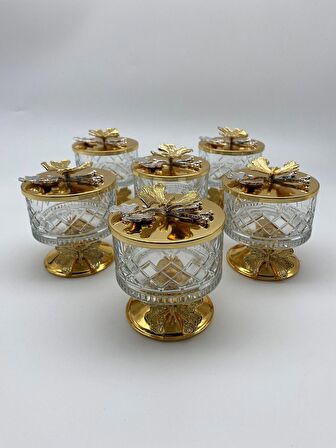 6'lı Ayaklı Gold Timeless Cam Magnolia Kasesi, Kelebek Kapaklı Dondurmalık, Şekerlik, Çerezlik