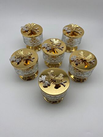 6'lı Ayaklı Gold Timeless Cam Magnolia Kasesi, Kelebek Kapaklı Dondurmalık, Şekerlik, Çerezlik