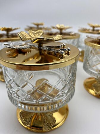 6'lı Ayaklı Gold Timeless Cam Magnolia Kasesi, Kelebek Kapaklı Dondurmalık, Şekerlik, Çerezlik