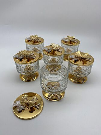 6'lı Ayaklı Gold Timeless Cam Magnolia Kasesi, Kelebek Kapaklı Dondurmalık, Şekerlik, Çerezlik