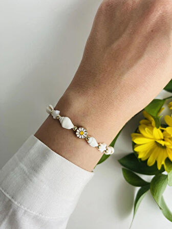 Papatya Figürlü Yıldız Detaylı Deniz Kabuklu Daisy Makrome Bileklik
