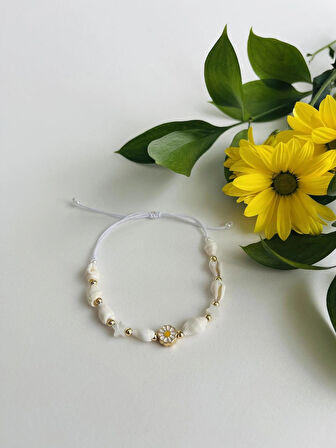 Papatya Figürlü Yıldız Detaylı Deniz Kabuklu Daisy Makrome Bileklik