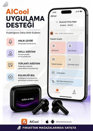 Aura AI Pro 144 Dil Aı Tercüme Kulaklık Bluetooth 6.0 Anc+Enc 500 Mah Hd Ses