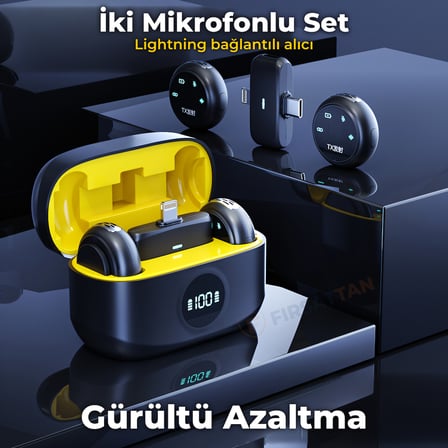 N31 İkili Kablosuz Yaka Mikrofonu Dijital Ekranlı Şarj Kutulu Gürültü Azaltma Lightning