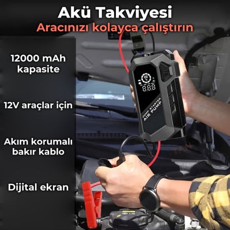 Q18 Jump Starter Akü Takviye Cihazı Hava Kompresörlü Powerbank 12000 mAh 4'ü 1 Arada