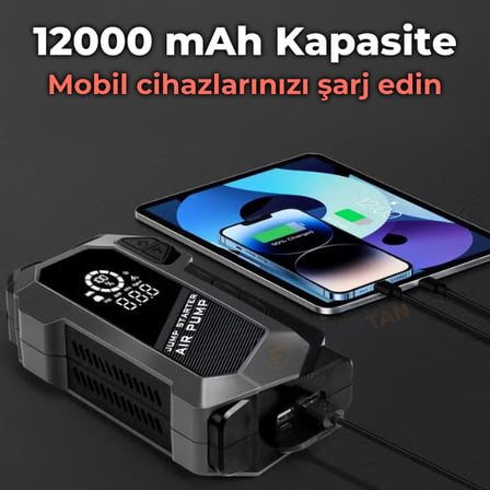 Q18 Jump Starter Akü Takviye Cihazı Hava Kompresörlü Powerbank 12000 mAh 4'ü 1 Arada