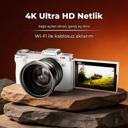X88 Retro Dijital Fotoğraf Makinesi 4K 64MP 3,0 İnç 180 Derece Döner Ekran Makro ve Geniş Açı Lensli