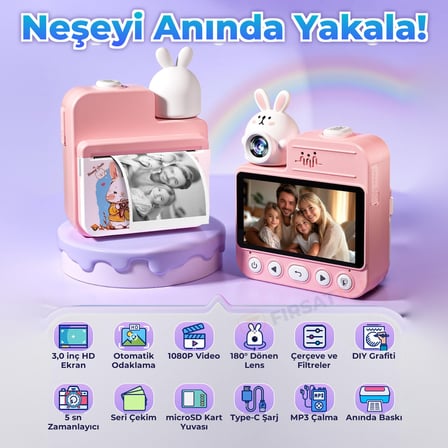 JD30 Anında Baskılı Çocuk Kamerası 3,0 İnç Ekran 1080P Video 180 Derece Dönen Lens