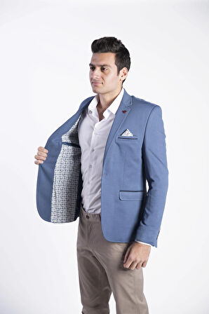 Sposo G-194 Dar Kalıp Örme Kumaş İndigo Erkek Blazer Ceket