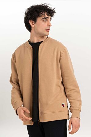 Fermuar Detaylı Erkek Bomber Sweatshirt-Bej-XXL