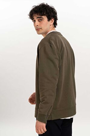 Fermuar Detaylı Erkek Bomber Sweatshirt-Haki-S