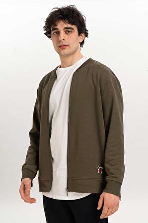 Fermuar Detaylı Erkek Bomber Sweatshirt-Haki-XXL