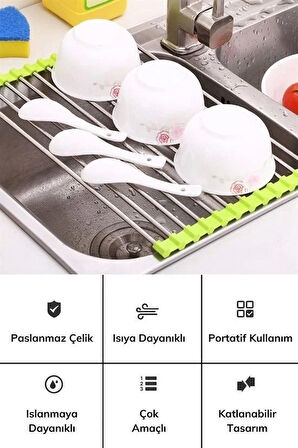 Evye Üstü Katlanır Nihale Paslanmaz Çelik Pratik Sebze Meyve Bulaşık Kurutma Süzgeci