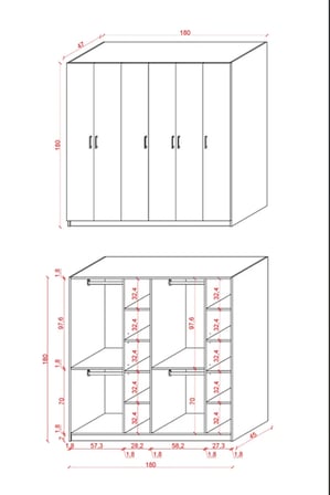 Asra Trend MDF 6 Kapaklı Gardırop - 180×180×47cm, 10 Raflı Düzenleyici Çok Amaçlı Dolap, G-06
