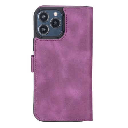 Apple iPhone 13 Pro Max Uyumlu Deri Cüzdanlı Kılıf Rustik Mor