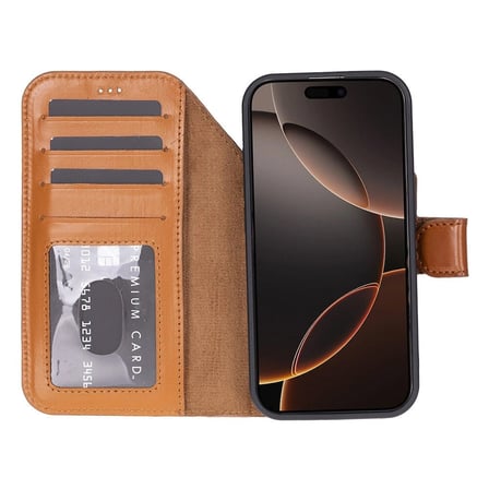Apple iPhone 17 Pro için, Hakiki Deri, El Yapımı Cüzdanlı Kılıf, Magsafe ile uyumlu, İç Yüzeyi Kadife, Gölgeli Taba