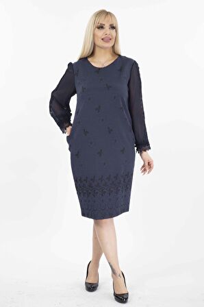 Jakarlı Kumaş Tül Kol Büyük Beden Cepli Fermuarlı Elbise G10-2071