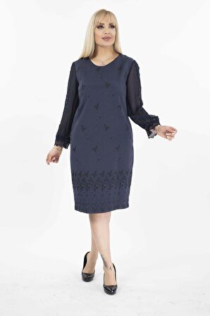 Jakarlı Kumaş Tül Kol Büyük Beden Cepli Fermuarlı Elbise G10-2071