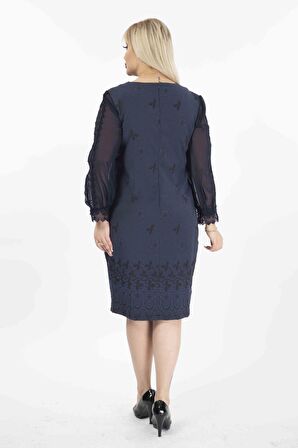 Jakarlı Kumaş Tül Kol Büyük Beden Cepli Fermuarlı Elbise G10-2071