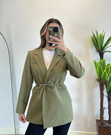 Kadın Haki Bel Bağlamalı Blazer Ceket