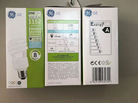3 ADET GENERAL ELC. E 27 TASARRUFLU LAMBA  20W=86W =1152 LÜMEN  6500KELVİN BEYAZ