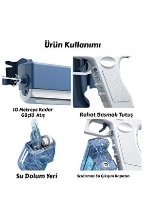 Şarjlı Tam Otomatik Su Tabancası 10 Metre Menzil 2 Yedek Hazneli Havuz Deniz Oyuncağı