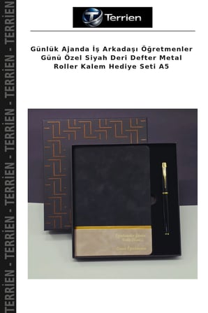 Günlük Ajanda İş Arkadaşı Öğretmenler Günü Özel Siyah Deri Defter Metal Roller Kalem Hediye Seti A5