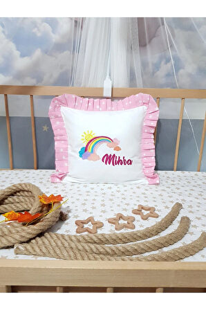 40x40 Cm Nakışlı Bebek Kırlenti İsimli Fırfırlı Takı Yastığı İçi Dolgulu