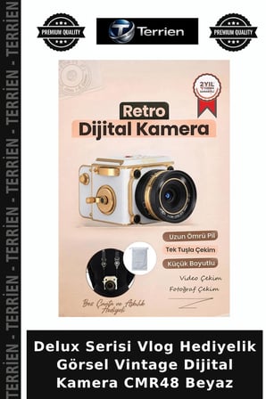 Delux Serisi Vlog Hediyelik Görsel Vintage Dijital Kamera CMR48 Beyaz