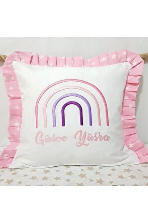 Nakışlı Kırlent Bebek İsimli 40x40 Cm İçi Dolgulu Fırfırlı Kırlent