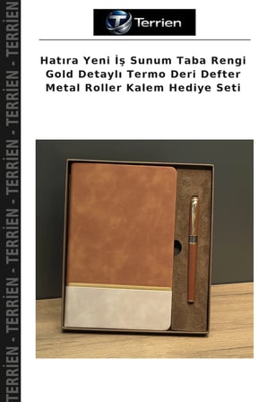 Hatıra Yeni İş Sunum Taba Rengi Gold Detaylı Termo Deri Defter Metal Roller Kalem Hediye Seti