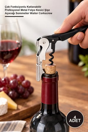 4 Adet Garson Tipi Tirbuşon – Çok Fonksiyonlu Katlanabilir Profesyonel Metal Folyo Kesici Şişe Açacağı Sommelier Waiter Corkscrew