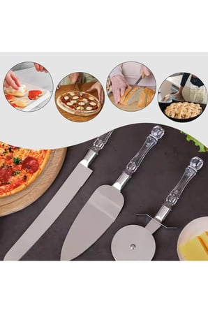 5 Adet Servis Seti – 3 Parça Pizza Kesici, Dişli Bıçak Ve Servis Spatulası, Şeffaf Saplı Paslanmaz Mutfak Seti Pizza Cutter