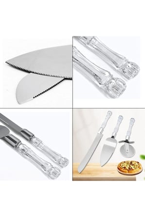 5 Adet Servis Seti – 3 Parça Pizza Kesici, Dişli Bıçak Ve Servis Spatulası, Şeffaf Saplı Paslanmaz Mutfak Seti Pizza Cutter