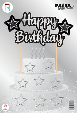 Delux Serisi Yıl Dönümü Hazırlık Doğum HAPPY BİRTHDAY SİYAH GÜMÜŞ PASTA ÜSTÜ SÜS